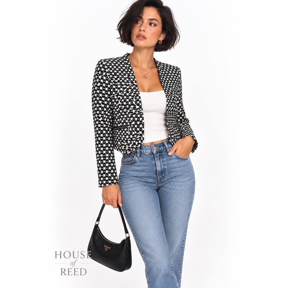 Have Womens Black White Geometric Print Cropped Blazer Open Front Jacket M